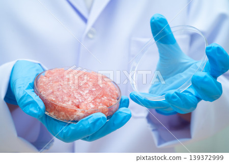 Scientist holding Petri dish with meat in science laboratory for food product development. Scientist holding Petri dish with meat in science laboratory for food product development. 139372999