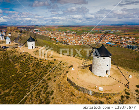 Aerial view of Wind mills at knolls at Consuegra, Toledo region 139373677
