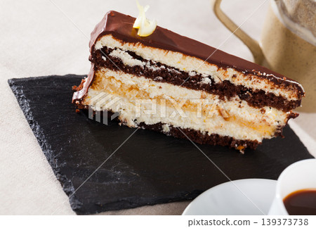Delicious lemon chocolate cake closeup Delicious lemon chocolate cake closeup 139373738