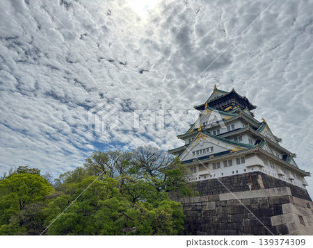 Osaka Castle's main tower stands tall, enveloped in the fresh greenery of spring and beautiful cirrus clouds. April 14, 2026, Osaka City, Japan. Osaka Castle's main tower stands tall, enveloped in the fresh greenery of spring and beautiful cirrus clouds. April 14, 2026, Osaka City, Japan. 139374309