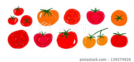 Hand drawn tomato set. Red ripe tomatoes doodle collection. Organic healthy food bundle for restaurant, cooking recipe. Italian fresh farm vegetable sketch element pack. Vector illustration Hand drawn tomato set. Red ripe tomatoes doodle collection. Organic healthy food bundle for restaurant, cooking recipe. Italian fresh farm vegetable sketch element pack. Vector illustration 139374926