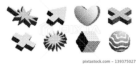 Pixel geometric shape set. Bitmap 3D form collection. Pixelated element pack for graphic design, banner, poster, leaflet. Halftone rasterized effect bundle. Vector trendy Y2K dither objects Pixel geometric shape set. Bitmap 3D form collection. Pixelated element pack for graphic design, banner, poster, leaflet. Halftone rasterized effect bundle. Vector trendy Y2K dither objects 139375027