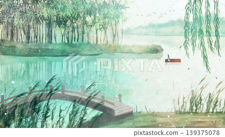 New Chinese and Japanese style landscape architecture illustration with traditional aesthetic art imagery New Chinese and Japanese style landscape architecture illustration with traditional aesthetic art imagery 139375078