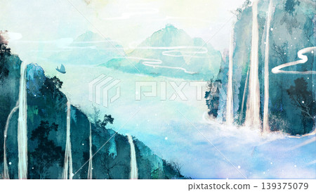 New Chinese and Japanese style landscape architecture illustration with traditional aesthetic art imagery New Chinese and Japanese style landscape architecture illustration with traditional aesthetic art imagery 139375079