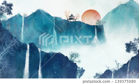 New Chinese and Japanese style landscape architecture illustration with traditional aesthetic art imagery New Chinese and Japanese style landscape architecture illustration with traditional aesthetic art imagery 139375080
