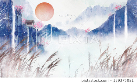 New Chinese and Japanese style landscape architecture illustration with traditional aesthetic art imagery 139375081