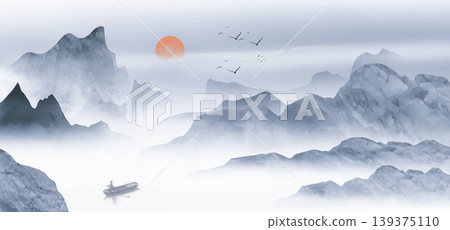 New Chinese and Japanese style landscape architecture illustration with traditional aesthetic art imagery New Chinese and Japanese style landscape architecture illustration with traditional aesthetic art imagery 139375110