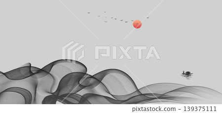 New Chinese and Japanese style landscape architecture illustration with traditional aesthetic art imagery 139375111