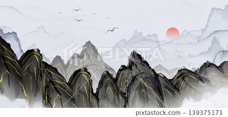 New Chinese and Japanese style landscape architecture illustration with traditional aesthetic art imagery New Chinese and Japanese style landscape architecture illustration with traditional aesthetic art imagery 139375173