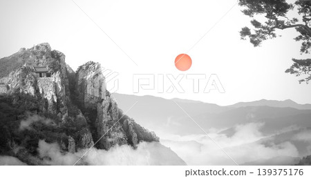 New Chinese and Japanese style landscape architecture illustration with traditional aesthetic art imagery 139375176
