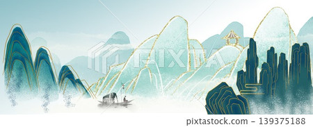 New Chinese and Japanese style landscape architecture illustration with traditional aesthetic art imagery New Chinese and Japanese style landscape architecture illustration with traditional aesthetic art imagery 139375188