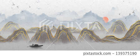 New Chinese and Japanese style landscape architecture illustration with traditional aesthetic art imagery 139375190