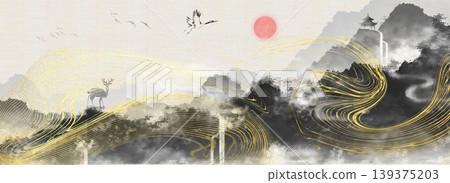 New Chinese and Japanese style landscape architecture illustration with traditional aesthetic art imagery New Chinese and Japanese style landscape architecture illustration with traditional aesthetic art imagery 139375203