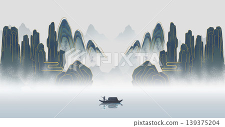 New Chinese and Japanese style landscape architecture illustration with traditional aesthetic art imagery 139375204
