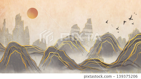 New Chinese and Japanese style landscape architecture illustration with traditional aesthetic art imagery New Chinese and Japanese style landscape architecture illustration with traditional aesthetic art imagery 139375206