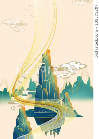 New Chinese and Japanese style landscape architecture illustration with traditional aesthetic art imagery New Chinese and Japanese style landscape architecture illustration with traditional aesthetic art imagery 139375207