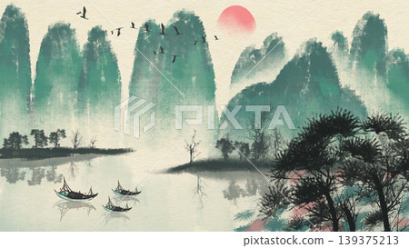 New Chinese and Japanese style landscape architecture illustration with traditional aesthetic art imagery New Chinese and Japanese style landscape architecture illustration with traditional aesthetic art imagery 139375213