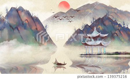 New Chinese and Japanese style landscape architecture illustration with traditional aesthetic art imagery 139375216