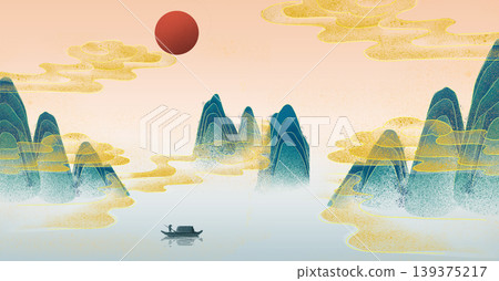 New Chinese and Japanese style landscape architecture illustration with traditional aesthetic art imagery New Chinese and Japanese style landscape architecture illustration with traditional aesthetic art imagery 139375217