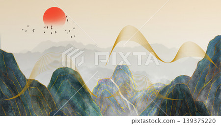 New Chinese and Japanese style landscape architecture illustration with traditional aesthetic art imagery New Chinese and Japanese style landscape architecture illustration with traditional aesthetic art imagery 139375220