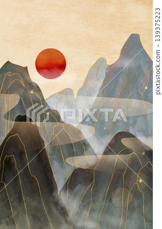 New Chinese and Japanese style landscape architecture illustration with traditional aesthetic art imagery New Chinese and Japanese style landscape architecture illustration with traditional aesthetic art imagery 139375223