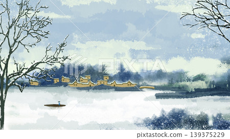 New Chinese and Japanese style landscape architecture illustration with traditional aesthetic art imagery New Chinese and Japanese style landscape architecture illustration with traditional aesthetic art imagery 139375229