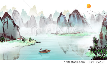 New Chinese and Japanese style landscape architecture illustration with traditional aesthetic art imagery 139375230