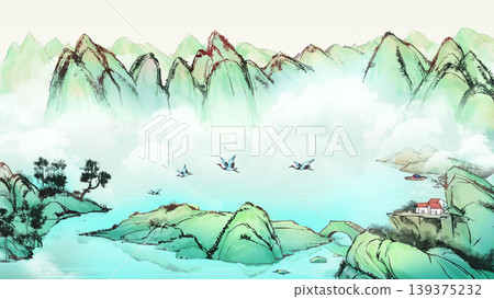 New Chinese and Japanese style landscape architecture illustration with traditional aesthetic art imagery New Chinese and Japanese style landscape architecture illustration with traditional aesthetic art imagery 139375232