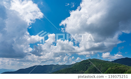 Many white clouds drift across the bright blue summer sky, and the mountains are covered in green. 139375251