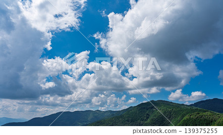 許多白雲飄過湛藍的夏日天空，山巒披上了綠色的外衣。 139375255