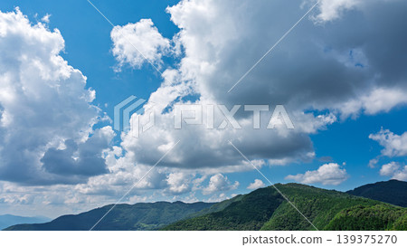 許多白雲飄過湛藍的夏日天空，山巒披上了綠色的外衣。 139375270