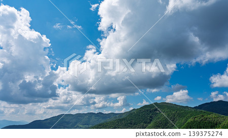 許多白雲飄過湛藍的夏日天空,山巒披上了綠色的外衣。 許多白雲飄過湛藍的夏日天空,山巒披上了綠色的外衣。 139375274