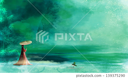New Chinese and Japanese style landscape architecture illustration with traditional aesthetic art imagery New Chinese and Japanese style landscape architecture illustration with traditional aesthetic art imagery 139375290
