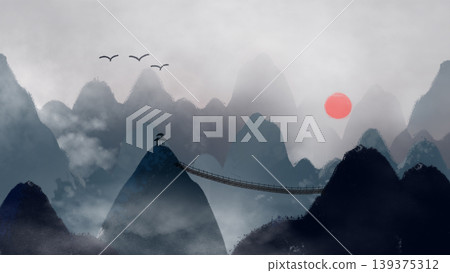 New Chinese and Japanese style landscape architecture illustration with traditional aesthetic art imagery New Chinese and Japanese style landscape architecture illustration with traditional aesthetic art imagery 139375312