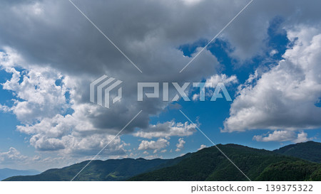 Many white clouds drift across the bright blue summer sky, and the mountains are covered in green. 139375322