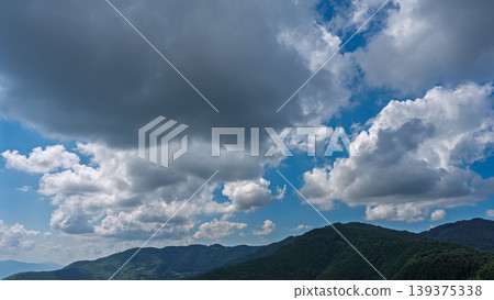 許多白雲飄過湛藍的夏日天空,山巒披上了綠色的外衣。 許多白雲飄過湛藍的夏日天空,山巒披上了綠色的外衣。 139375338