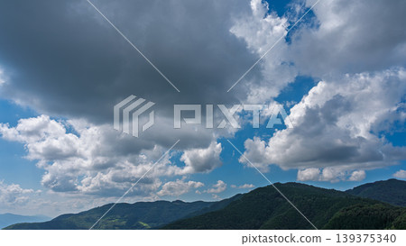 許多白雲飄過湛藍的夏日天空,山巒披上了綠色的外衣。 許多白雲飄過湛藍的夏日天空,山巒披上了綠色的外衣。 139375340