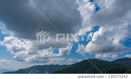 許多白雲飄過湛藍的夏日天空,山巒披上了綠色的外衣。 許多白雲飄過湛藍的夏日天空,山巒披上了綠色的外衣。 139375342