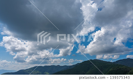 許多白雲飄過湛藍的夏日天空,山巒披上了綠色的外衣。 許多白雲飄過湛藍的夏日天空,山巒披上了綠色的外衣。 139375343