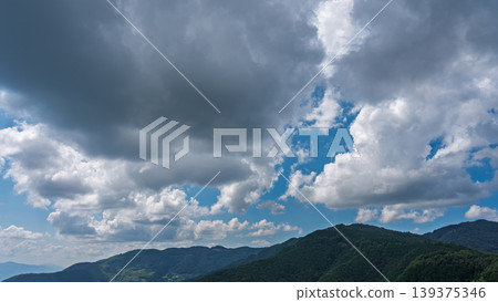 許多白雲飄過湛藍的夏日天空,山巒披上了綠色的外衣。 許多白雲飄過湛藍的夏日天空,山巒披上了綠色的外衣。 139375346