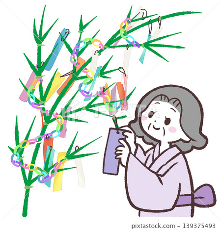 一位老婦人正在佈置七夕裝飾的插圖。 一位老婦人正在佈置七夕裝飾的插圖。 139375493