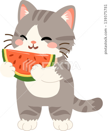Happy cartoon Cute gray kitten enjoying fresh watermelon in a bright summer Happy cartoon Cute gray kitten enjoying fresh watermelon in a bright summer 139375781