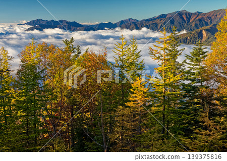 A sea of clouds and Mt. Zarugatake and Mt. Arakawadake as seen from Mt. Tsujiyama in the Southern Alps, the Mt. Houou Sanzan range. A sea of clouds and Mt. Zarugatake and Mt. Arakawadake as seen from Mt. Tsujiyama in the Southern Alps, the Mt. Houou Sanzan range. 139375816