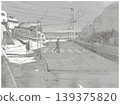 Peaceful Japanese coastal town street with pedestrian crossing pencil sketch 139375820
