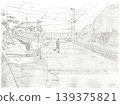 Peaceful Japanese coastal street with pedestrian crossing leading to sea pencil sketch 139375821