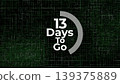 A digital countdown graphic featuring the text 13 days to go displayed in a bold font against a dark green matrix style background with abstract binary code patterns for tech projects. A digital countdown graphic featuring the text 13 days to go displayed in a bold font against a dark green matrix style background with abstract binary code patterns for tech projects. 139375889