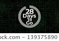 Twenty eight days to go text countdown sign with decorative circle frame on a dark digital green background with glitch effect lines for event promotion Twenty eight days to go text countdown sign with decorative circle frame on a dark digital green background with glitch effect lines for event promotion 139375890