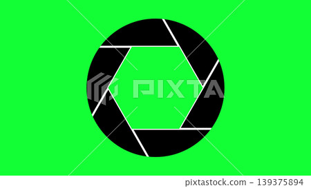 A simple graphic icon showing a black camera shutter aperture symbol set against a vivid green background, perfect for photography, film production, and visual media concepts. A simple graphic icon showing a black camera shutter aperture symbol set against a vivid green background, perfect for photography, film production, and visual media concepts. 139375894