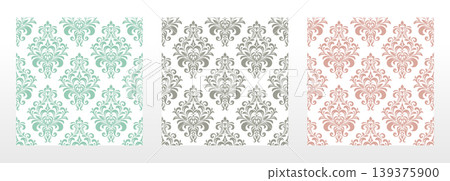 Wallpapers in the style of Baroque.. Set of colored floral ornaments. Seamless vector backgrounds Graphic patterns for fabric, wallpaper, packaging. Ornate Damask flower illustration Wallpapers in the style of Baroque.. Set of colored floral ornaments. Seamless vector backgrounds Graphic patterns for fabric, wallpaper, packaging. Ornate Damask flower illustration 139375900