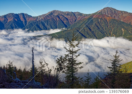 從南阿爾卑斯山的辻山望去,可以看到雲海和白峰三峰。 從南阿爾卑斯山的辻山望去,可以看到雲海和白峰三峰。 139376069